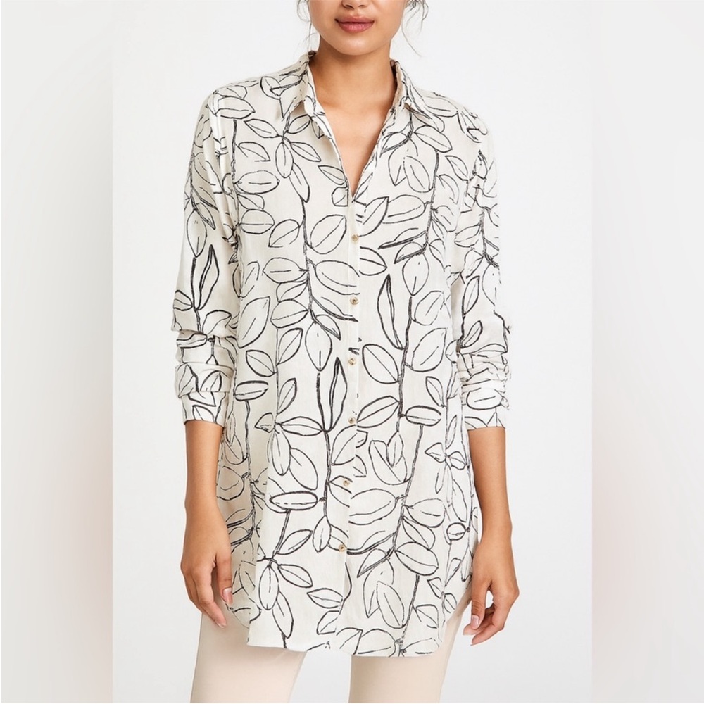 Linen blouse button down top white black long sleeve printed Cynthia Rowley